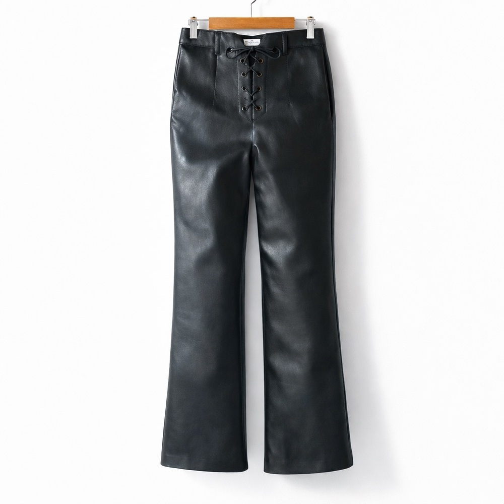 WILFRED Elementary Vegan Leather High-Waisted Lace-Up Pants Black Aritzia Nwt - Picture 4 of 13